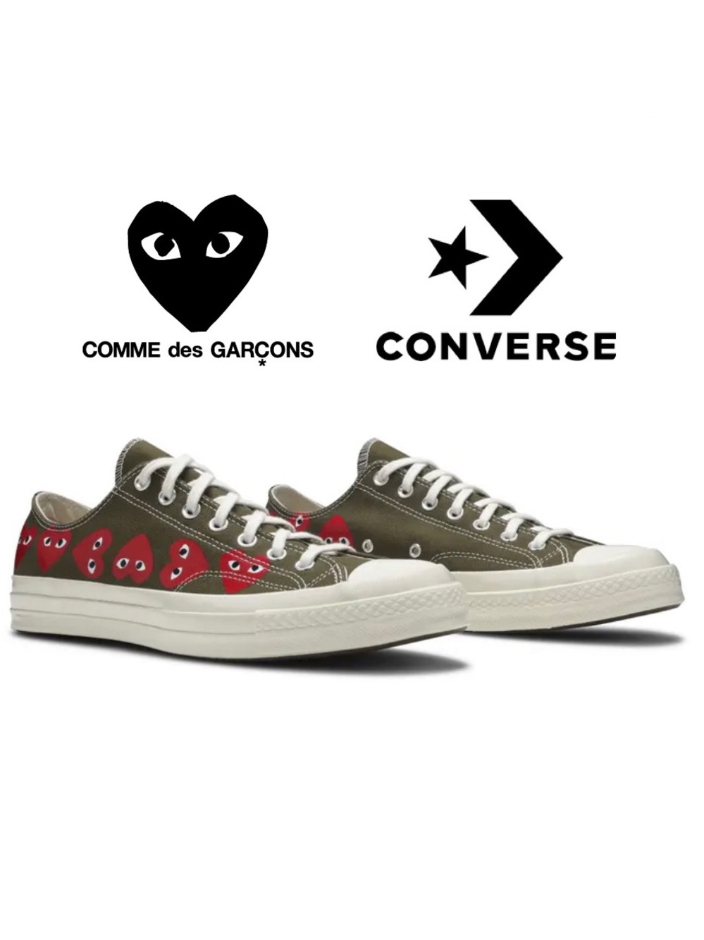 Converse x CDG Chuck 70 Low Top Multi Heart- Olive Green- Mens 12US / Women 14US